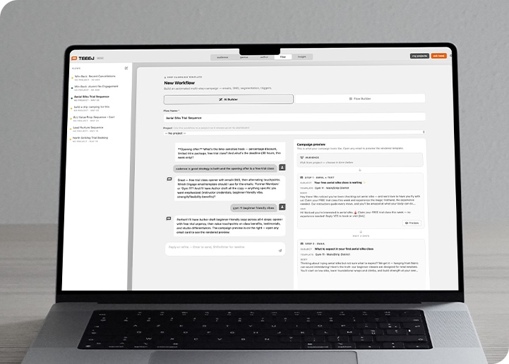 A Teeej Flow workflow open in the built-in editor with a live campaign preview